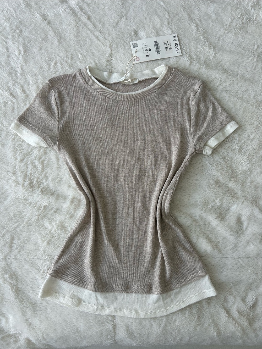 Zara beige cotton-blend contrast trim tee